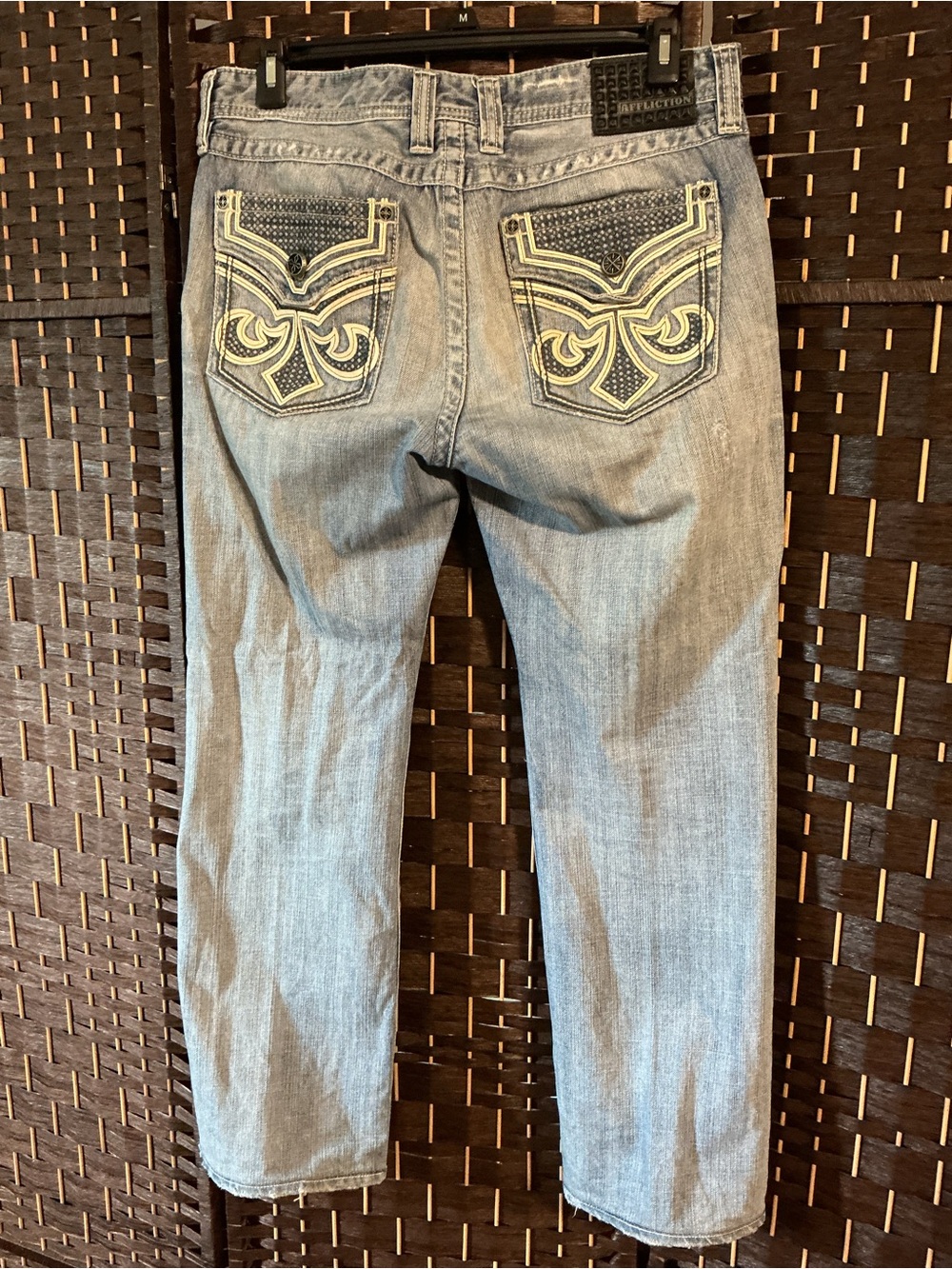 Affliction Men’s Light Blue Skinny Jeans with Embroidered Pocket Detail